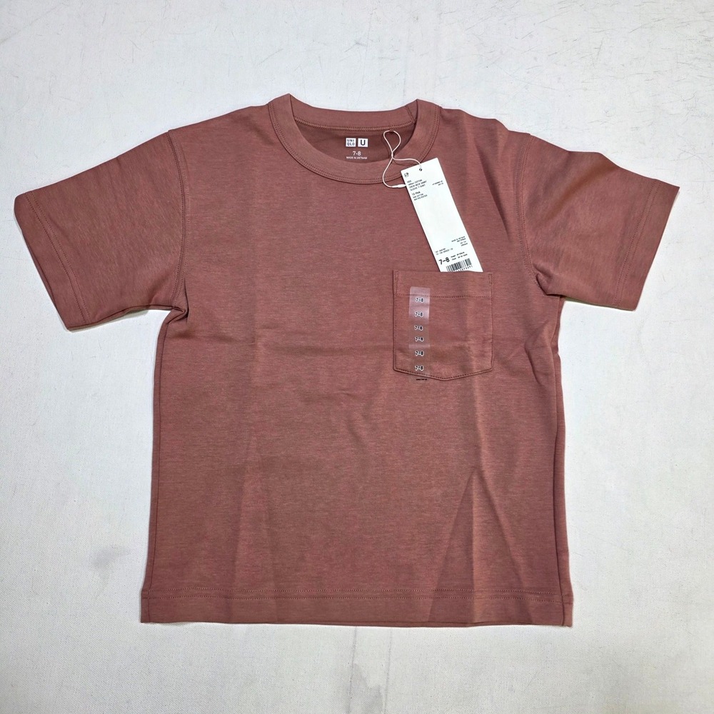Uniqlo U AIRism T-Shirt Kids 7-8 Pink Crew Neck Pocket Tee 444789 Short Sleeve